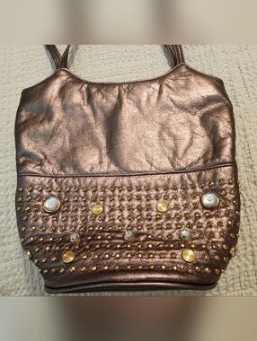 Dawli Handbags Leather Bronze Shoulder Bag With Gemstones And Gold Trim Metallic